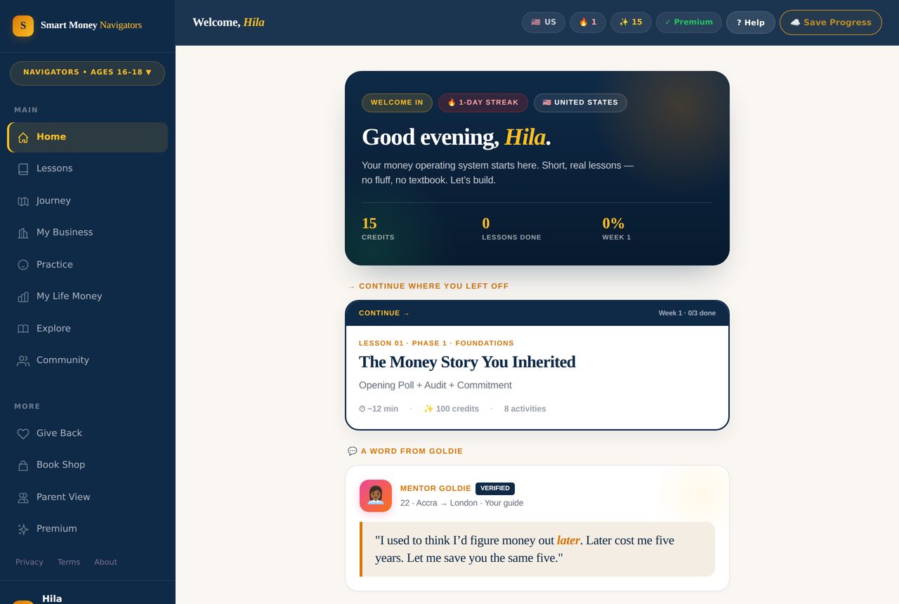 Smart Money Series Navigators (advanced phase): editorial navy interface with real curriculum titles like Your First Paycheck Decoded and Banking Essentials